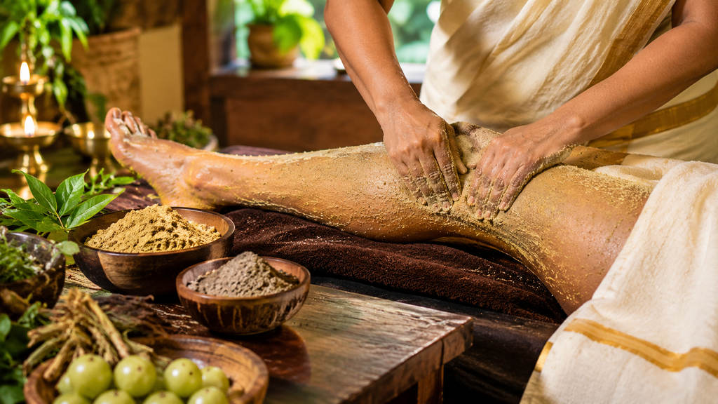 उद्वर्तन चिकित्सा (Udvartana): जानिए इसके प्रकार और सही विधि आयुर्वेदिक उद्वर्तन उपचार में चिकित्सक द्वारा हर्बल पाउडर से पैर की मालिश