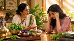 A Ayurveda Practitioner guiding a stressed girl