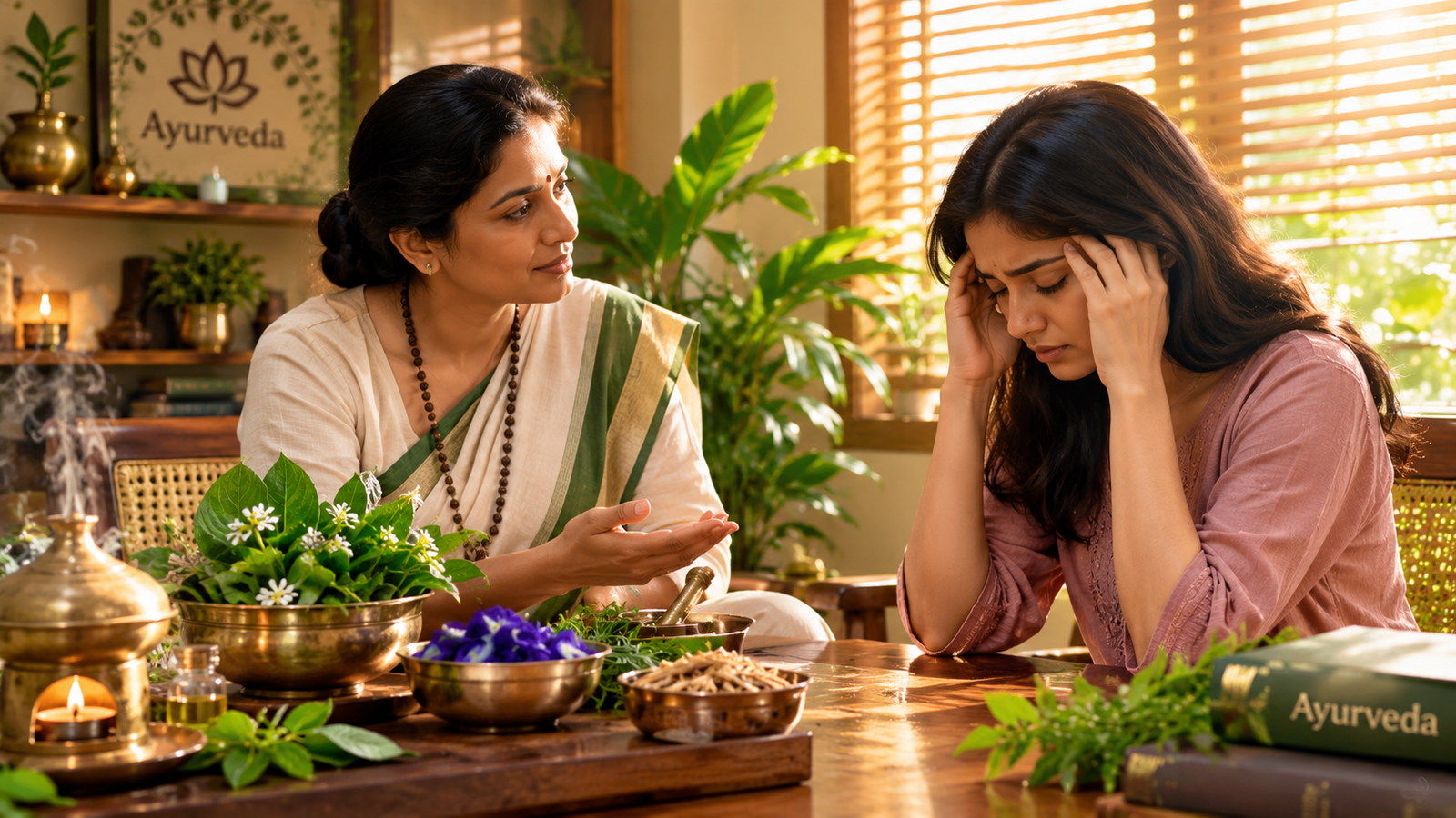 A Ayurveda Practitioner guiding a stressed girl