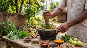 ayurvedic practitioner preparing natural drugs