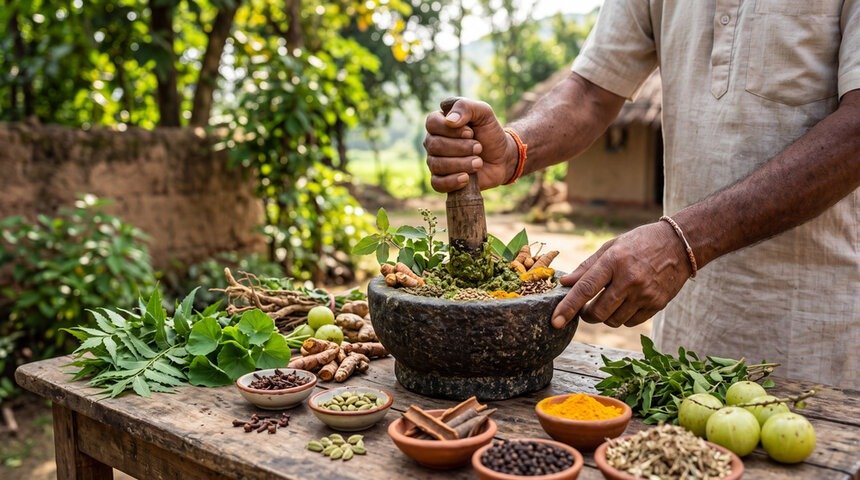 आयुर्वेदिक औषधि: प्राचीन चिकित्सा परंपरा में औषधियों का महत्व ayurvedic practitioner preparing natural drugs
