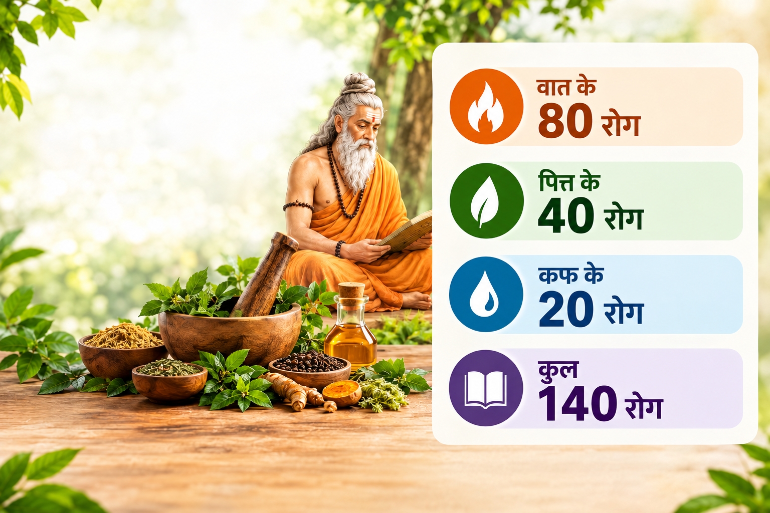A sage with Diseases classification in Ayurveda infographic