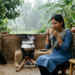 An Indian woman drinking lukewarm water in the monrning