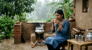 An Indian woman drinking lukewarm water in the monrning
