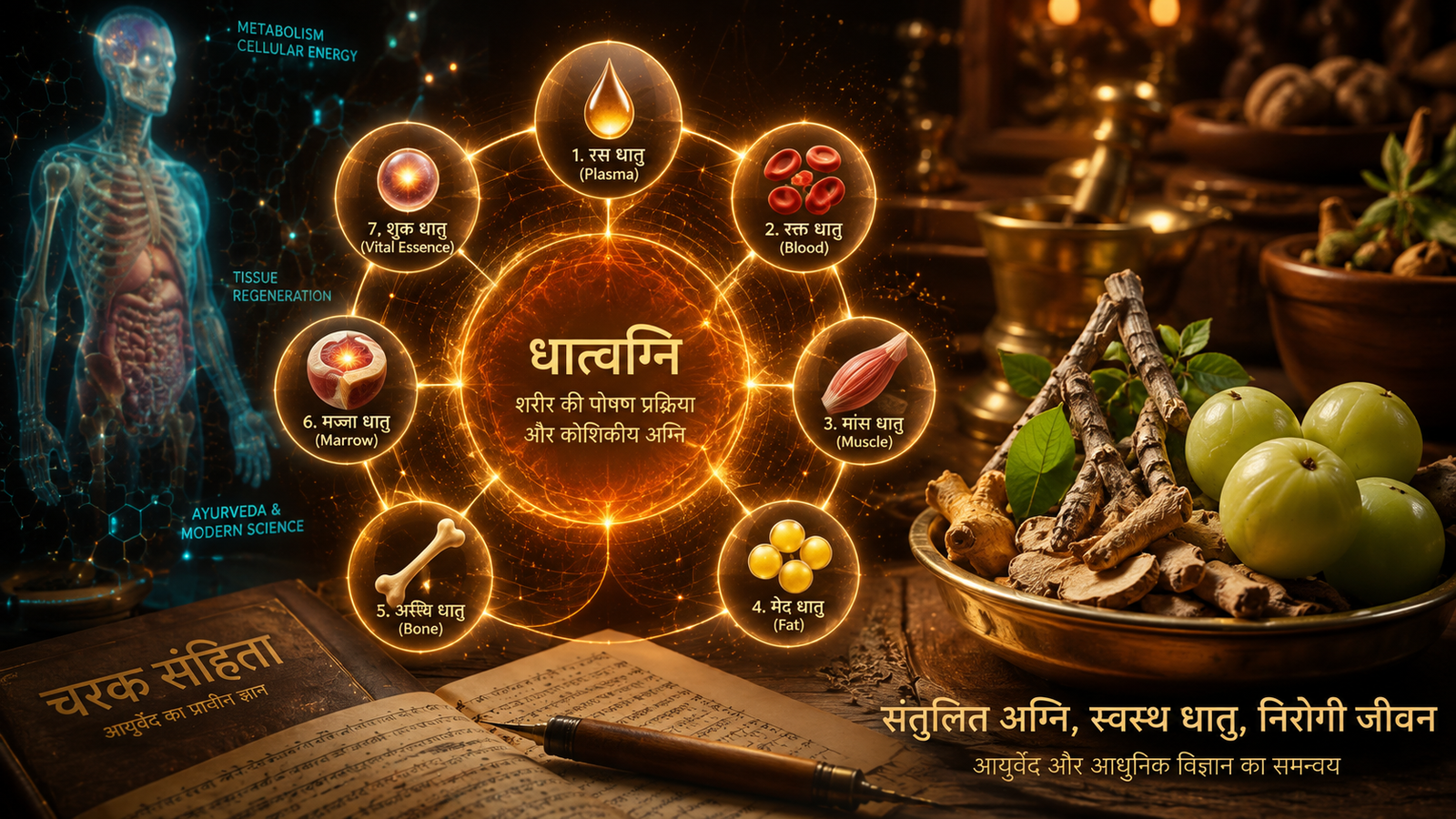 Dhatavagni: धात्वग्नि: शरीर की ७ धातुओं और सेलुलर मेटाबॉलिज्म infographic