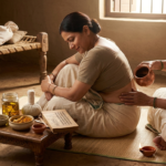 An senior woman massaging oil another woman in traditional Indian homes