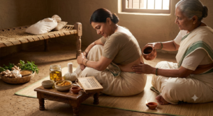 An senior woman massaging oil another woman in traditional Indian homes