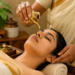 A woman making Nasya Karma of another woman in Indian traditional style