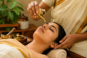 A woman making Nasya Karma of another woman in Indian traditional style