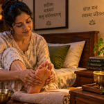 A girl making foot massage using night routine as Ayurvedic Ratricharya with Ayurveda texts