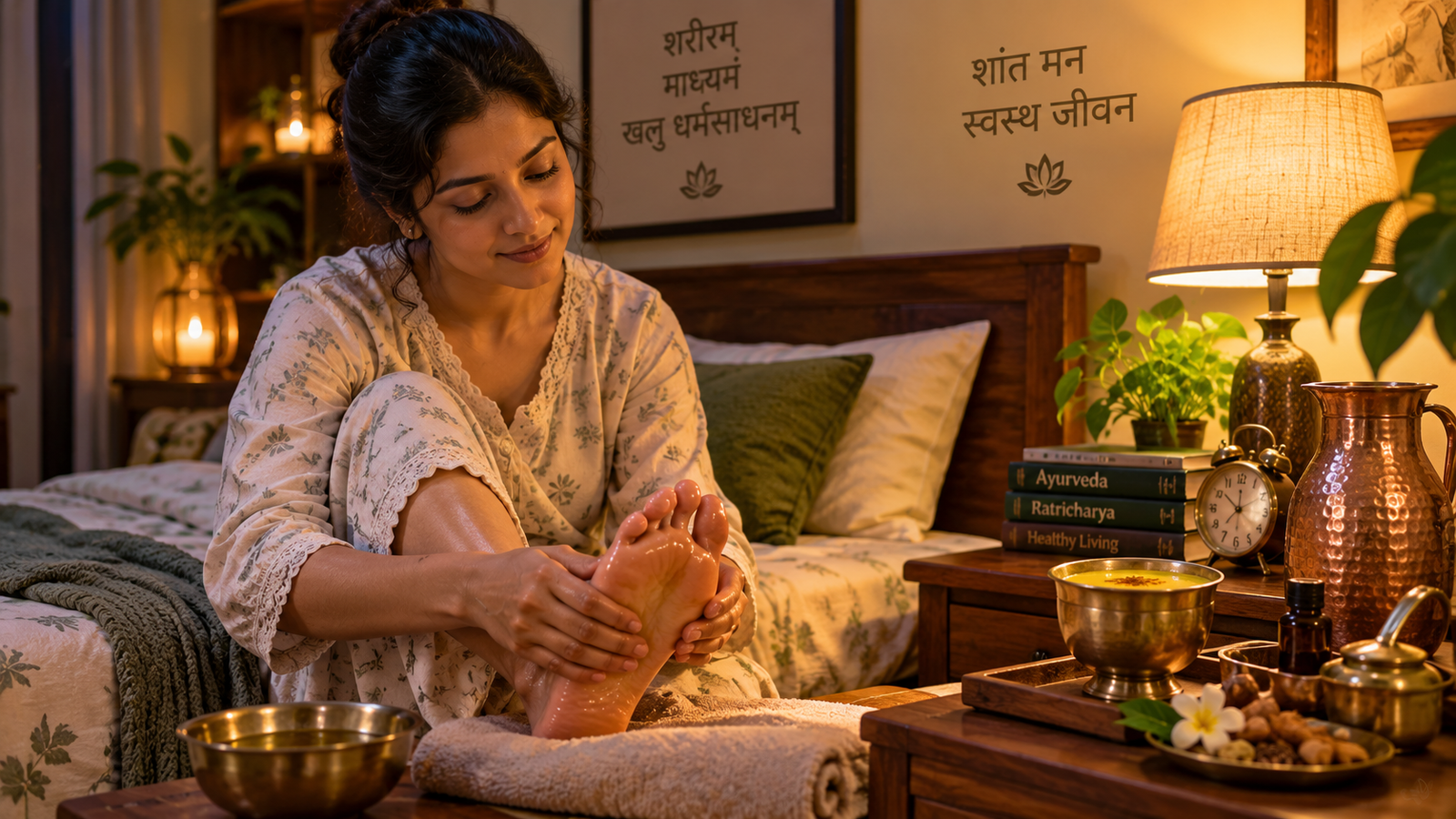 A girl making foot massage using night routine as Ayurvedic Ratricharya with Ayurveda texts