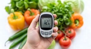 Sugar machine in a hand with vegetables behind