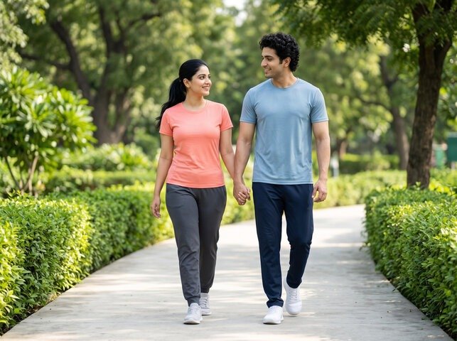 पैदल चलना: दुनिया का सर्वाधिक प्रभावी और सरल व्यायाम! A happy indian couple walking in the park