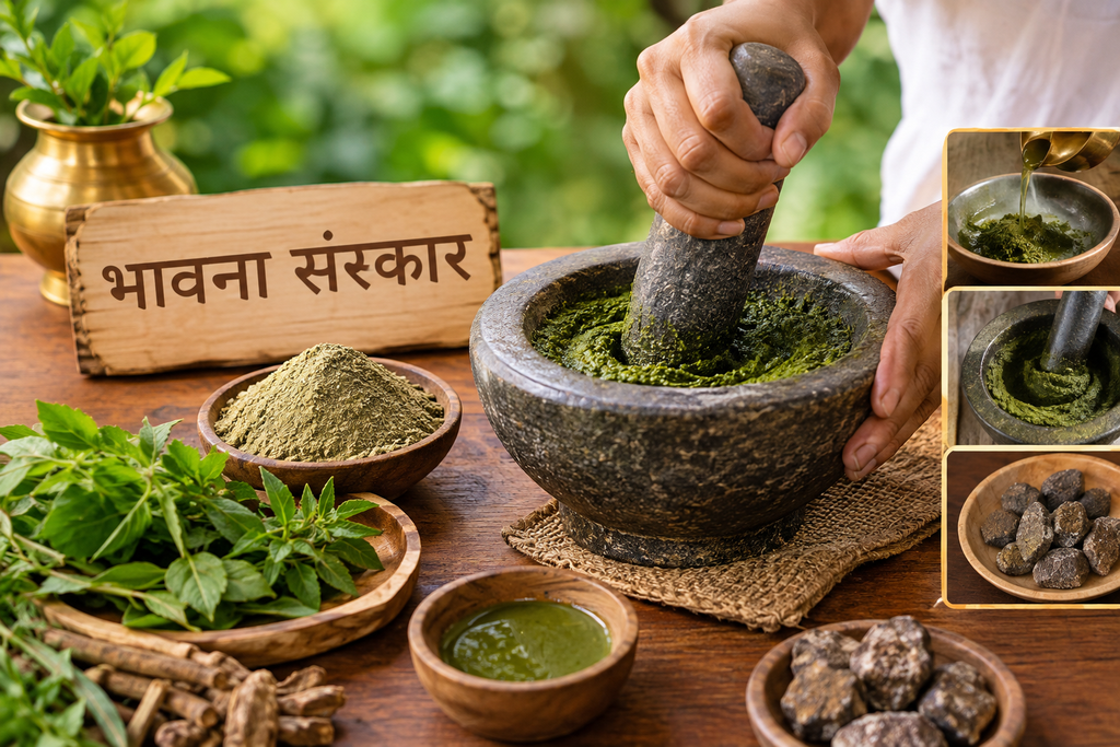 भावना संस्कार (Bhavana Samskara): आयुर्वेद रसशास्त्र के अनुसार गुण-संवर्धन की संपूर्ण गाइड! ayurvedic herbal grinding ritual Bhavana Samskara